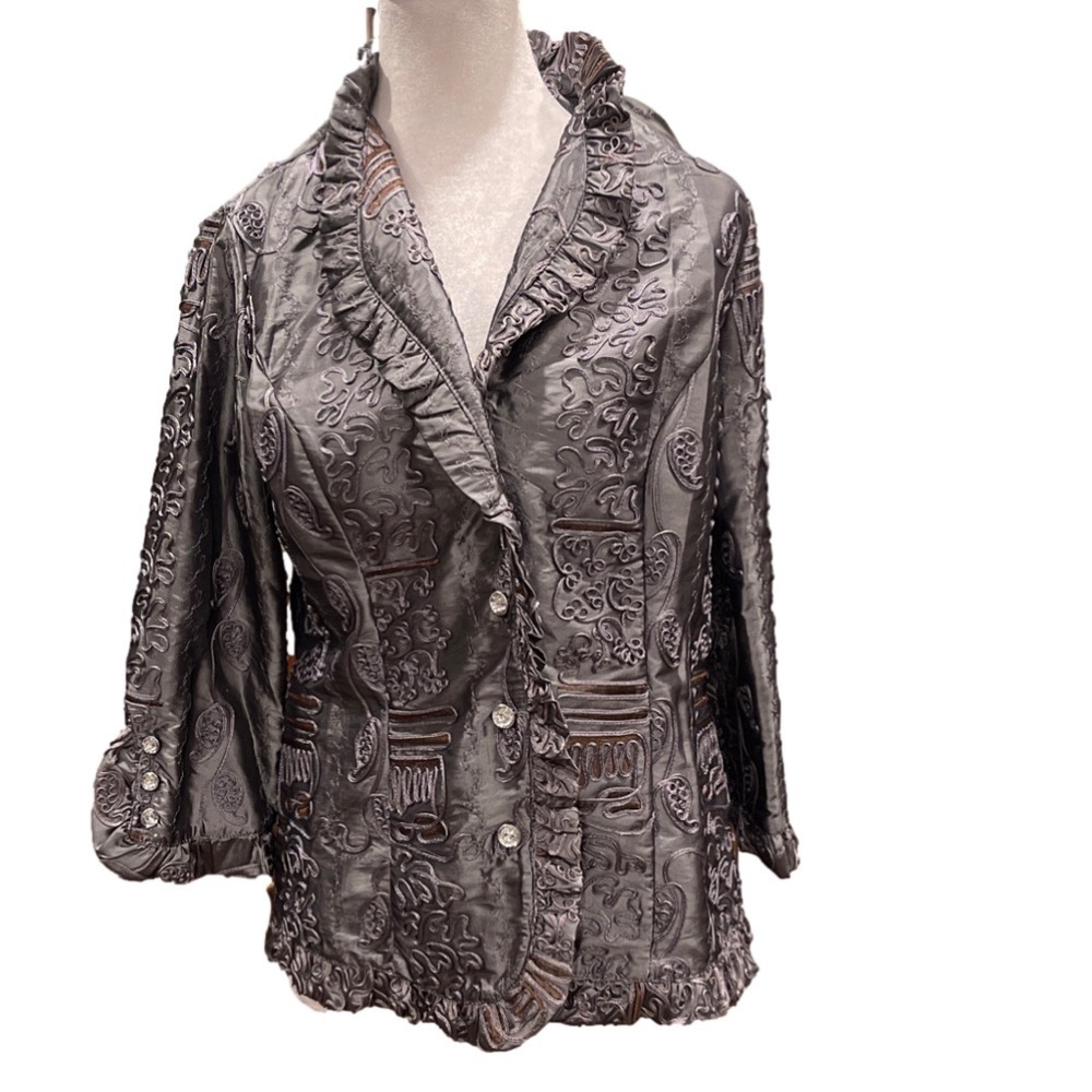 Agora M gray bejewelled and embroidered gorgeous ruffled evening jacket
